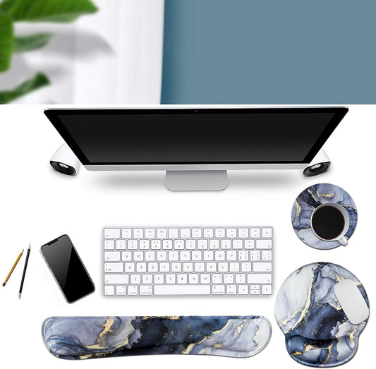 Mouse Pad with Wrist Support Keyboard Wrist Rest Set, Ergonomic Mouse Pad with Non-Slip Base for Computer Home Office + Coasters, Easy Typing & Pain Relief Mouse Mat, Dark Blue Marble