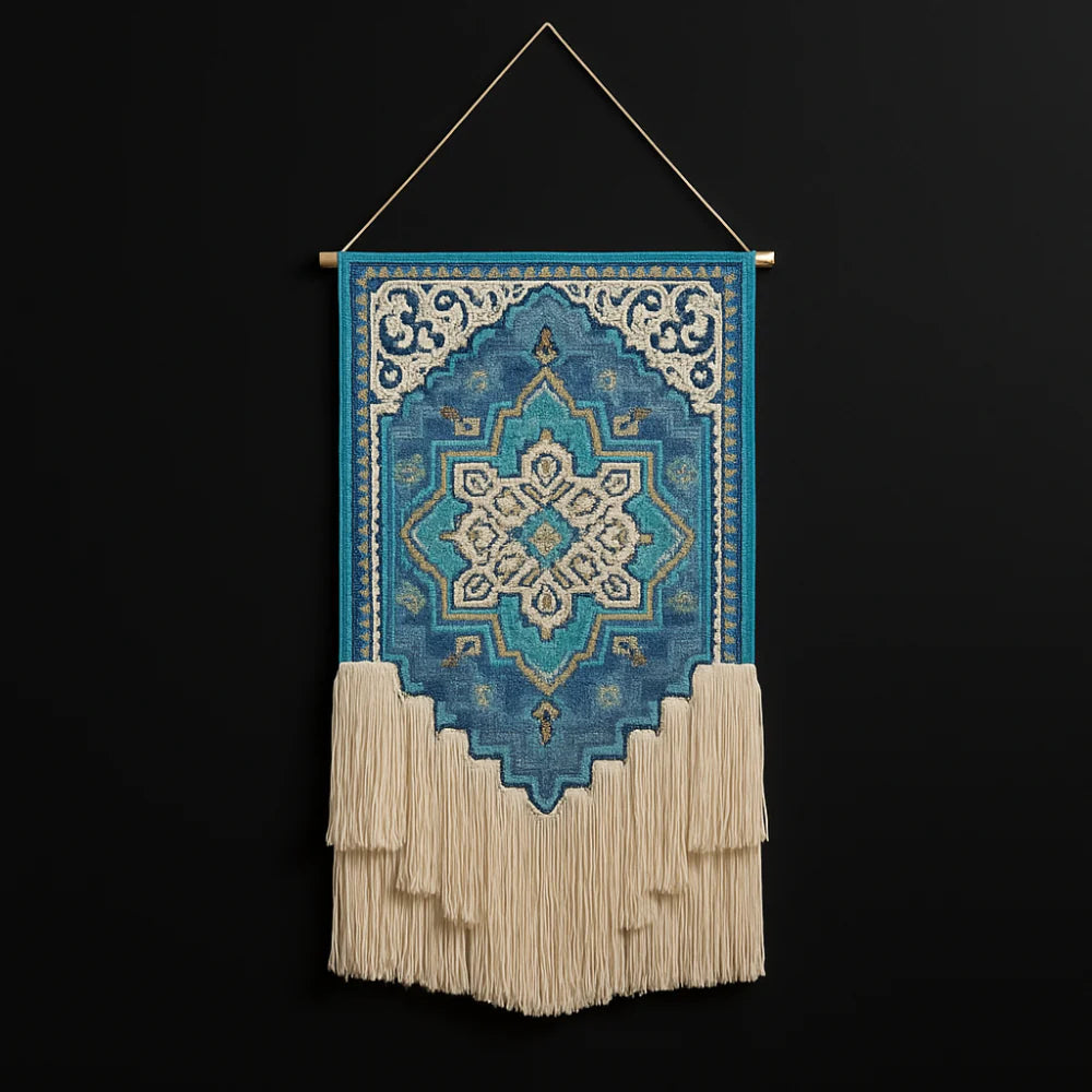 Aqua & Ivory Floral Macrame Wall Hanging, Blue Cotton Woven Flower Tapestry