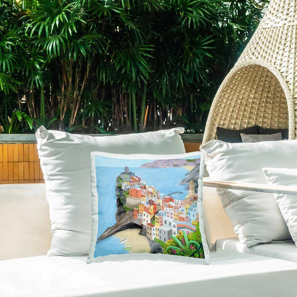 Coastal Town Buildings Beach Cove Blue Square Outdoor Throw Pillow