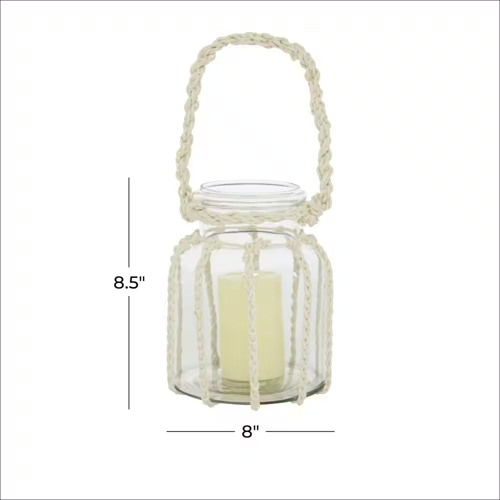 8 In. H Clear Glass Decorative Candle Lantern with Rope Handle