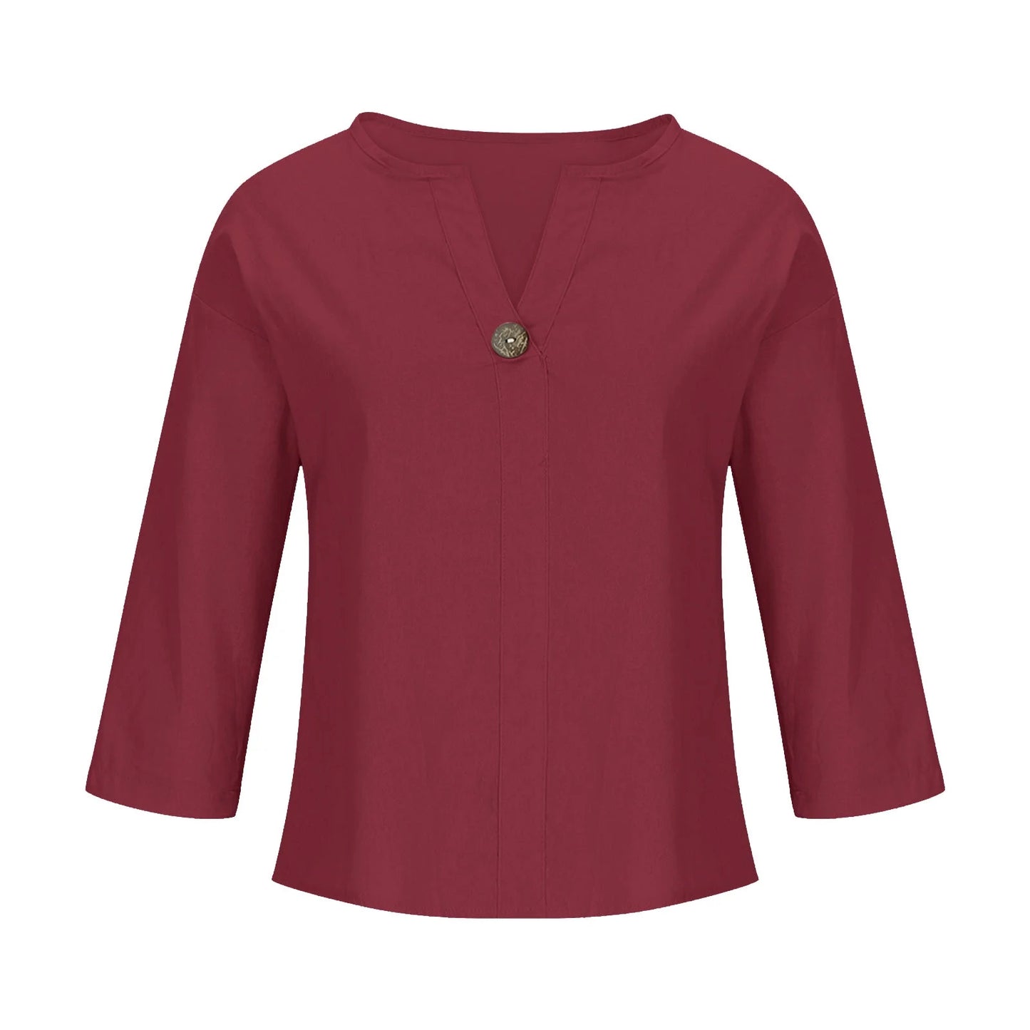 Women'S Fashion Summer V Neck Leisure Three-Quarter Sleeve Solid Summer Wine L