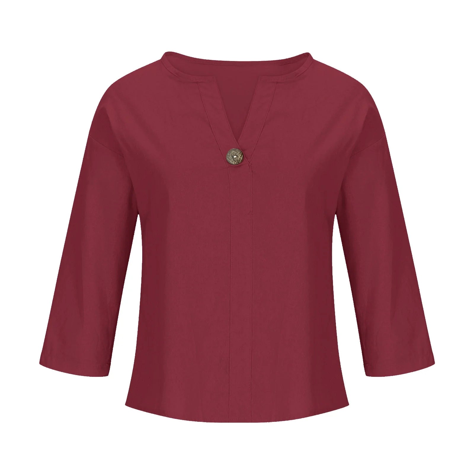 Women'S Fashion Summer V Neck Leisure Three-Quarter Sleeve Solid Summer Wine L
