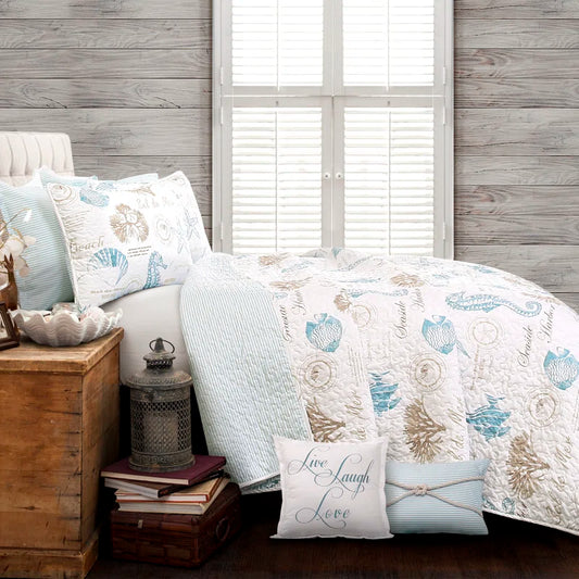 Harbor Life Blue/Taupe Microfiber Reversible Coastal 7 Piece Quilt Set