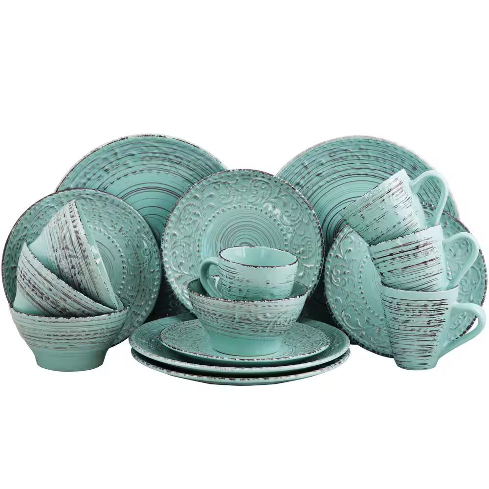 Malibu 16-Piece Coastal Turquoise Stoneware Dinnerware Set (Service for 4)
