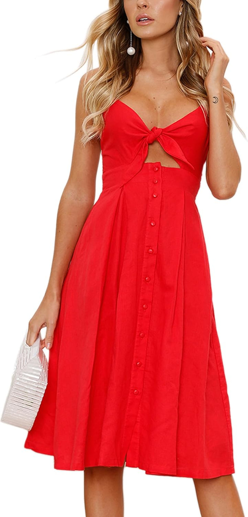 Women 2026 Summer Dresses Tie Front V-Neck Spaghetti Strap Button down A-Line Backless Swing Midi Dress