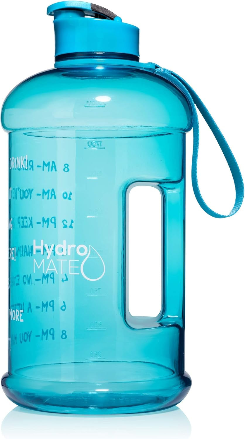 Hydromate Half Gallon Water Bottle with Times to Drink BPA Free Leak Proof Reusable Jug with Handle 64 Oz