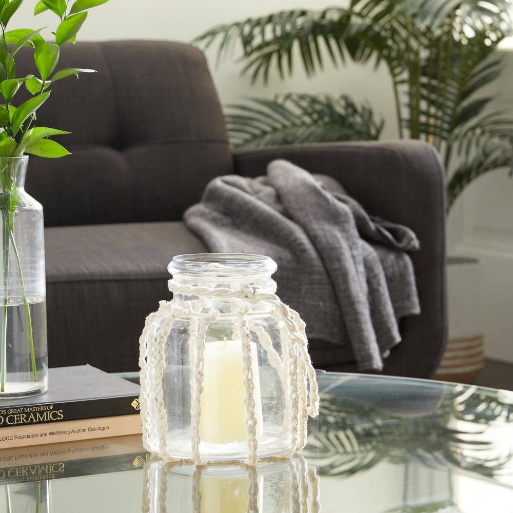 8 In. H Clear Glass Decorative Candle Lantern with Rope Handle