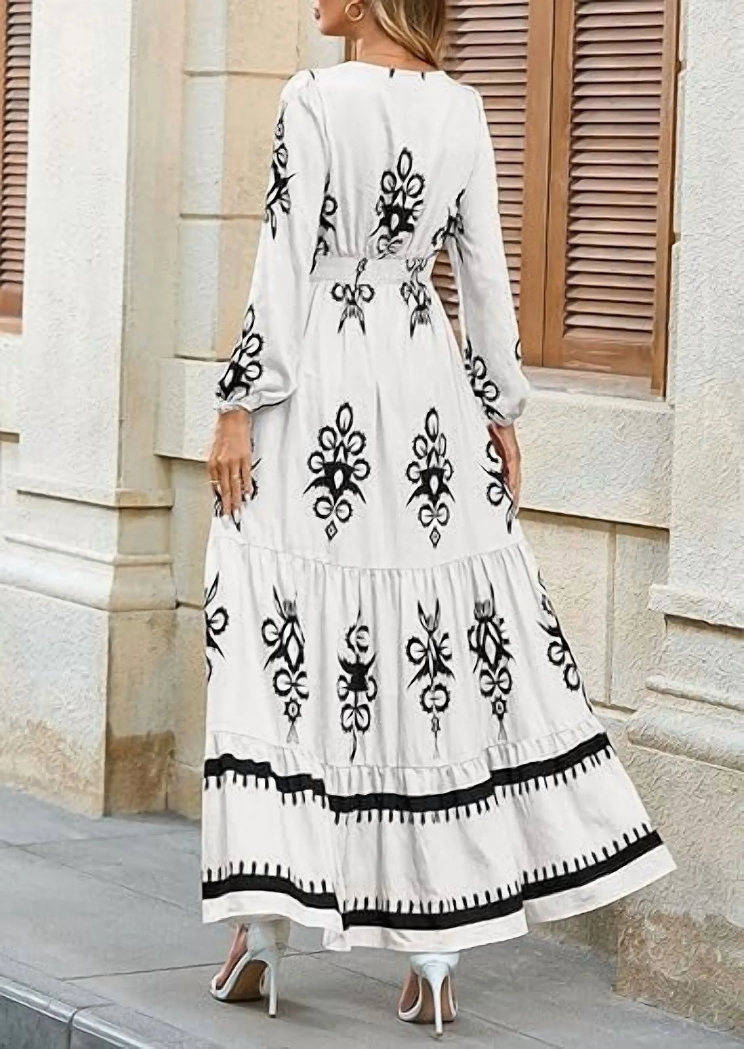 Women'S Fall Wedding Guest Dresses Boho Floral Long Sleeve V Neck Flowy Elegant Maxi Dress Beach Clothes