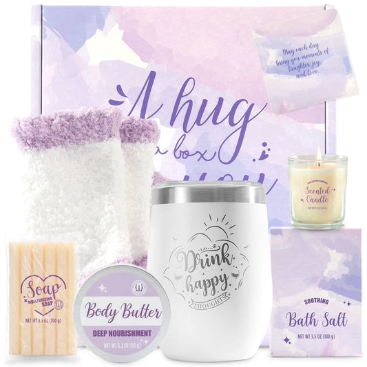 Spa Gift Sets for Women, 9 Pcs Lavender Bath Set Relaxing Birthday Mothers Day Gifts Baskets for Mom with Stainless Steel Tumbler