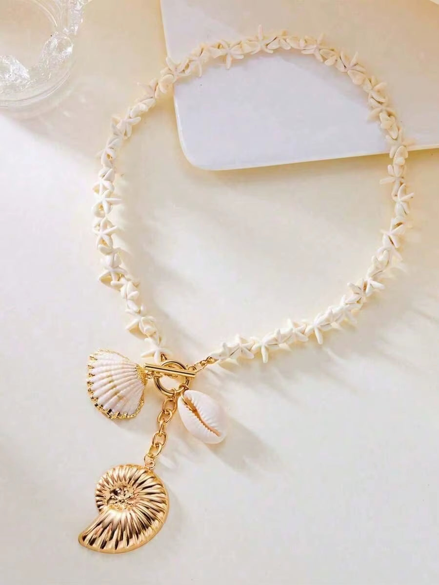 Handmade Starfish Shell Necklace with Toggle Clasp, Coastal Chic Pendant Jewelry for Women