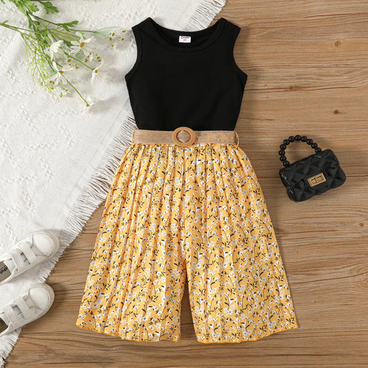 Toddler Girls Clothes 3 Piece Baby Summer Outfit Sets Sleeveless Tank Top and Floral Pleated Wide Leg Pants Set with Belt, Yellow, 5-6 Years