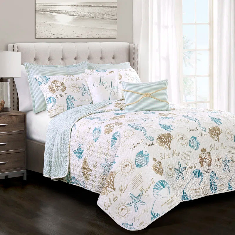 Harbor Life Blue/Taupe Microfiber Reversible Coastal 7 Piece Quilt Set