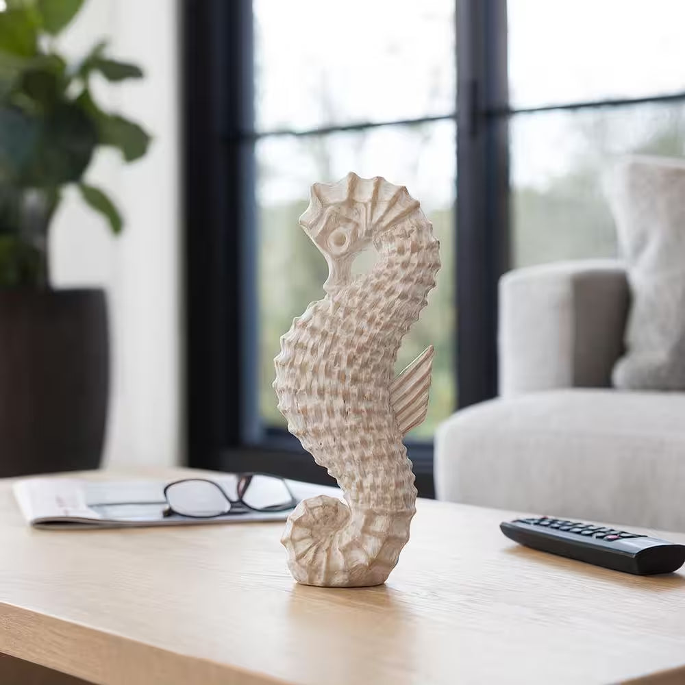 White 4 In. X 12 In. Resin Coastal Solid Wicker Seahorse Figurine