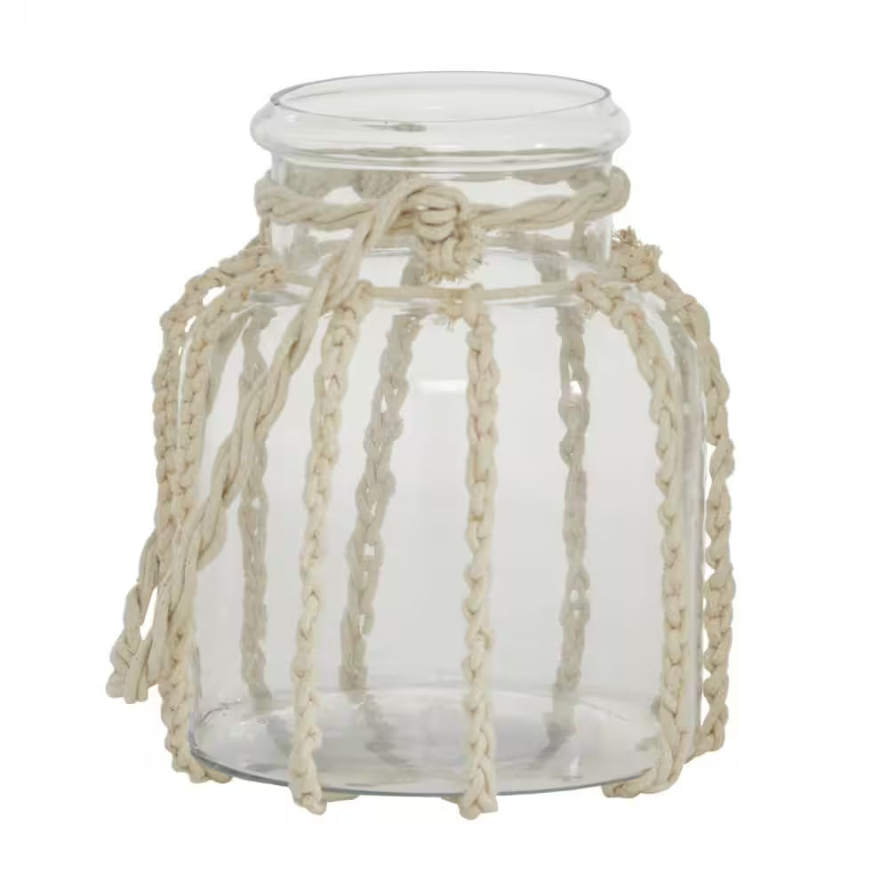 8 In. H Clear Glass Decorative Candle Lantern with Rope Handle