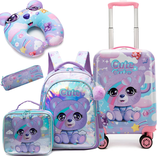 Caary on Luggage Sets with Wheels for Kids,Travel Suitcase for Girls with Travel Pillow 6-12 Years Old 16 Inch Purple Bear