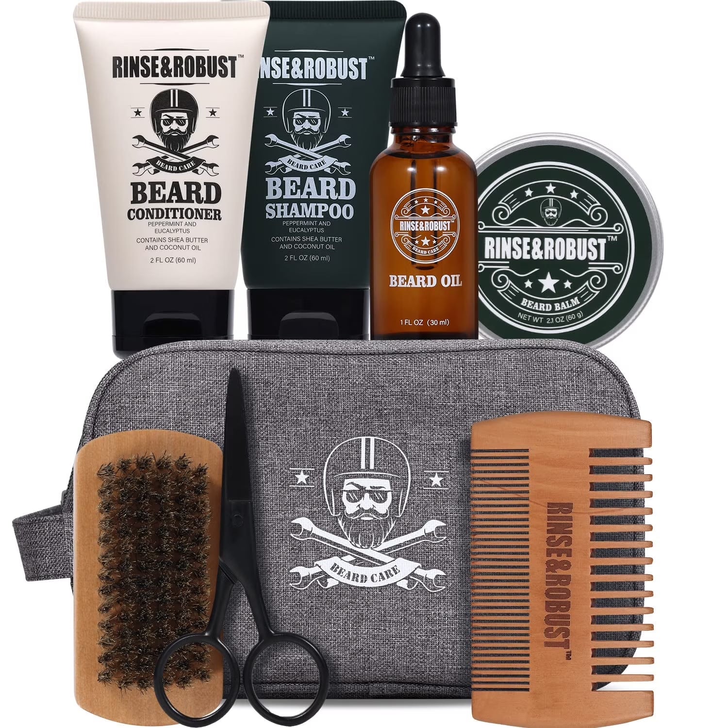 Beard Growth Kit for Men Beard Care Set 8Pcs with Traveling Bag Valentines Day Beard Grooming Wash & Beard Conditioner Kit