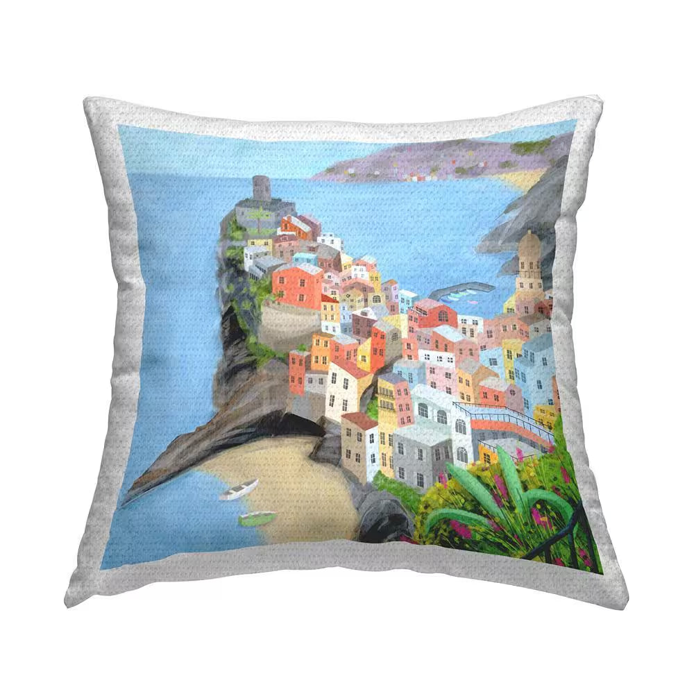 Coastal Town Buildings Beach Cove Blue Square Outdoor Throw Pillow