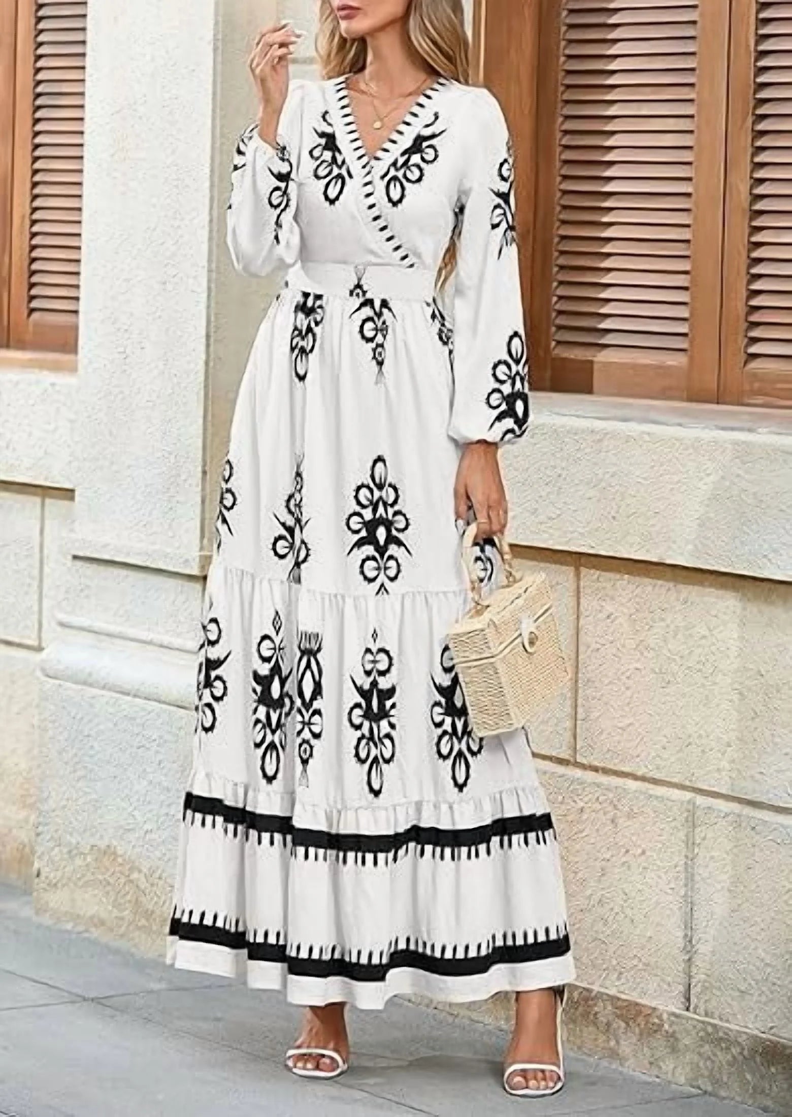 Women'S Fall Wedding Guest Dresses Boho Floral Long Sleeve V Neck Flowy Elegant Maxi Dress Beach Clothes