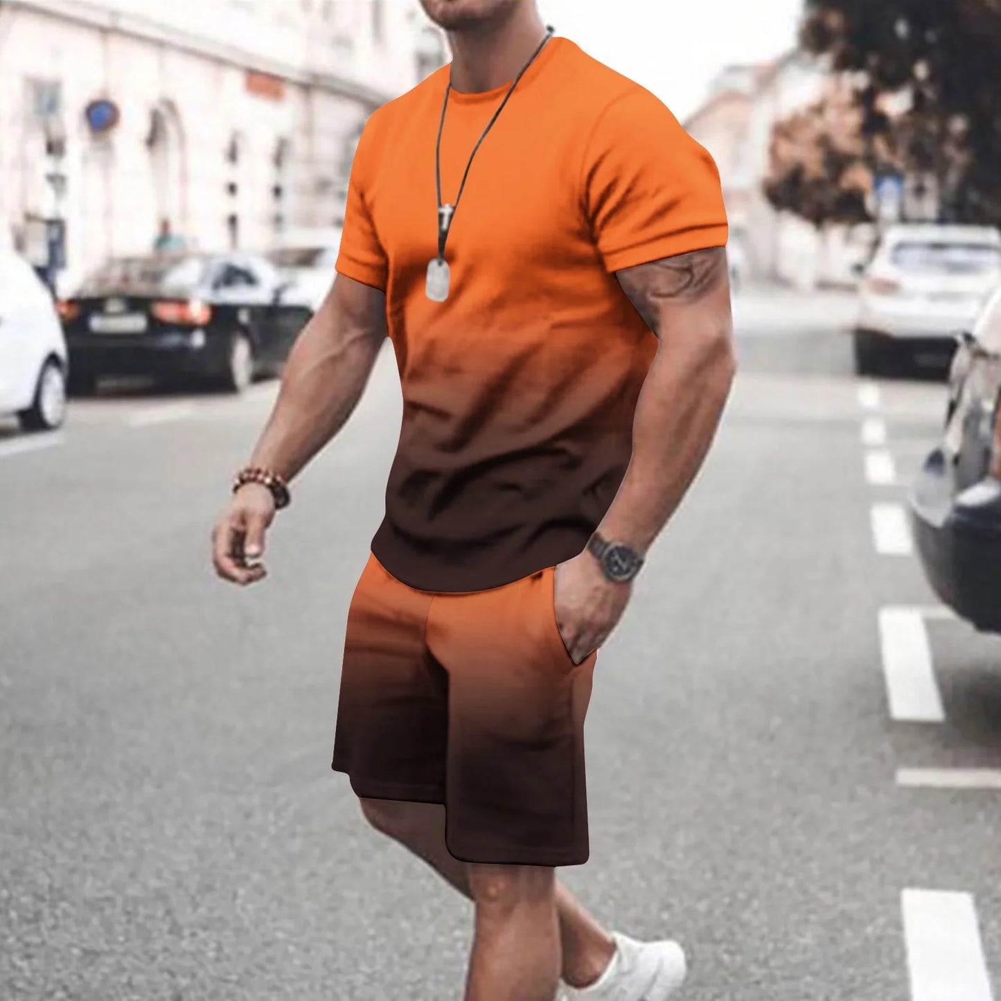 Mens Summer 2 Piece Tracksuit Gradient Color Crew Neck Pull-On Tee Tops and Double Pockets Plain Shorts Vacation Workout Shirts Sets