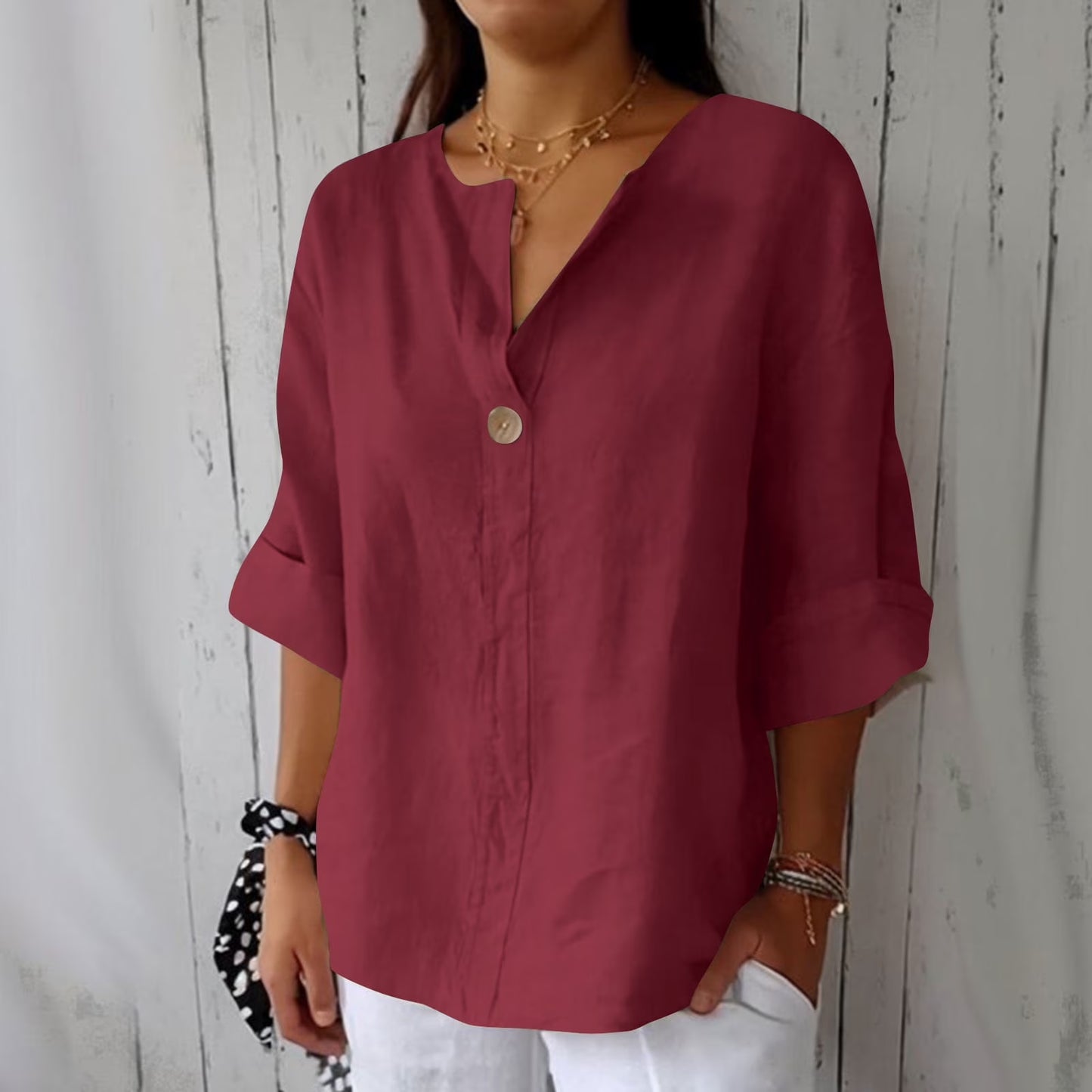 Women'S Fashion Summer V Neck Leisure Three-Quarter Sleeve Solid Summer Wine L