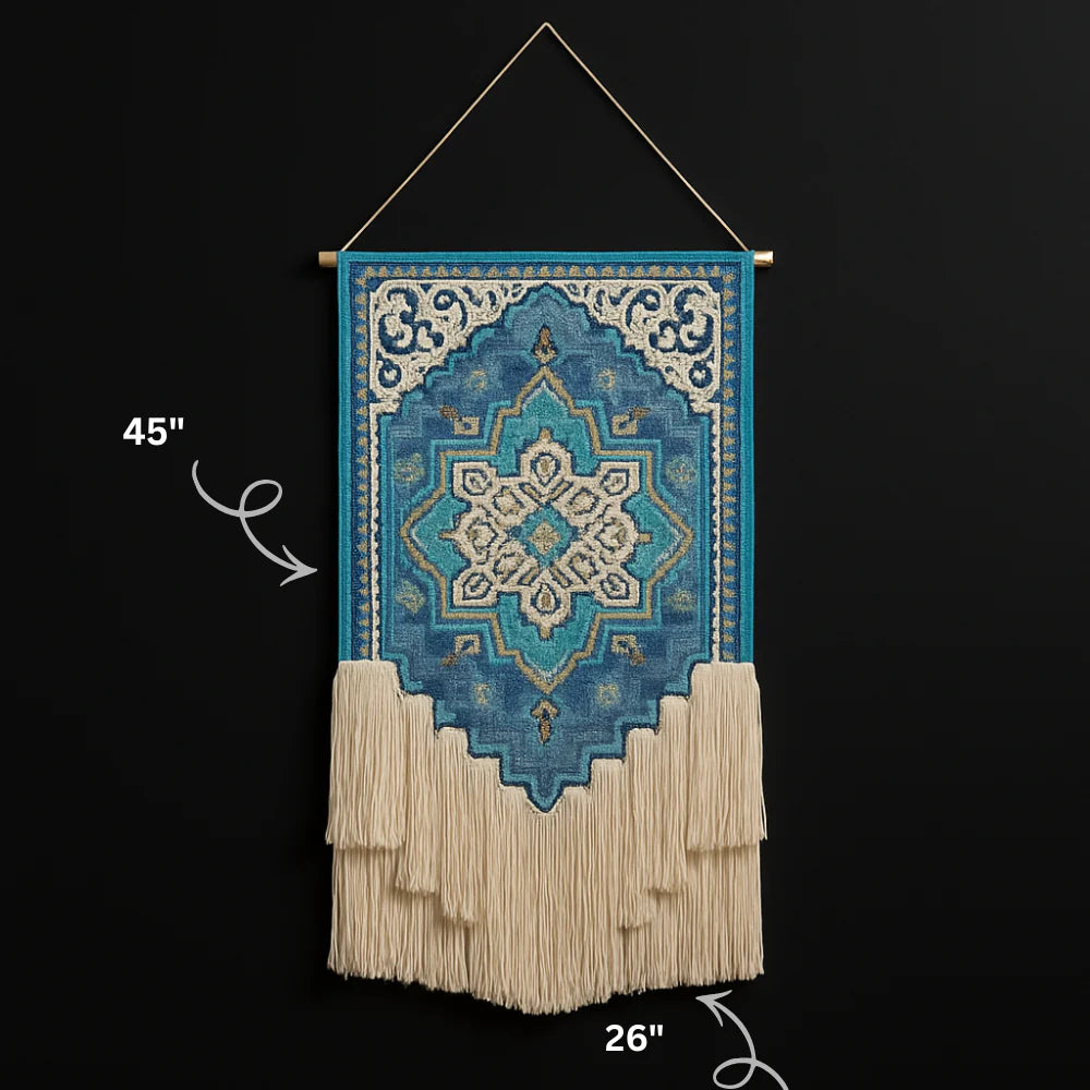 Aqua & Ivory Floral Macrame Wall Hanging, Blue Cotton Woven Flower Tapestry