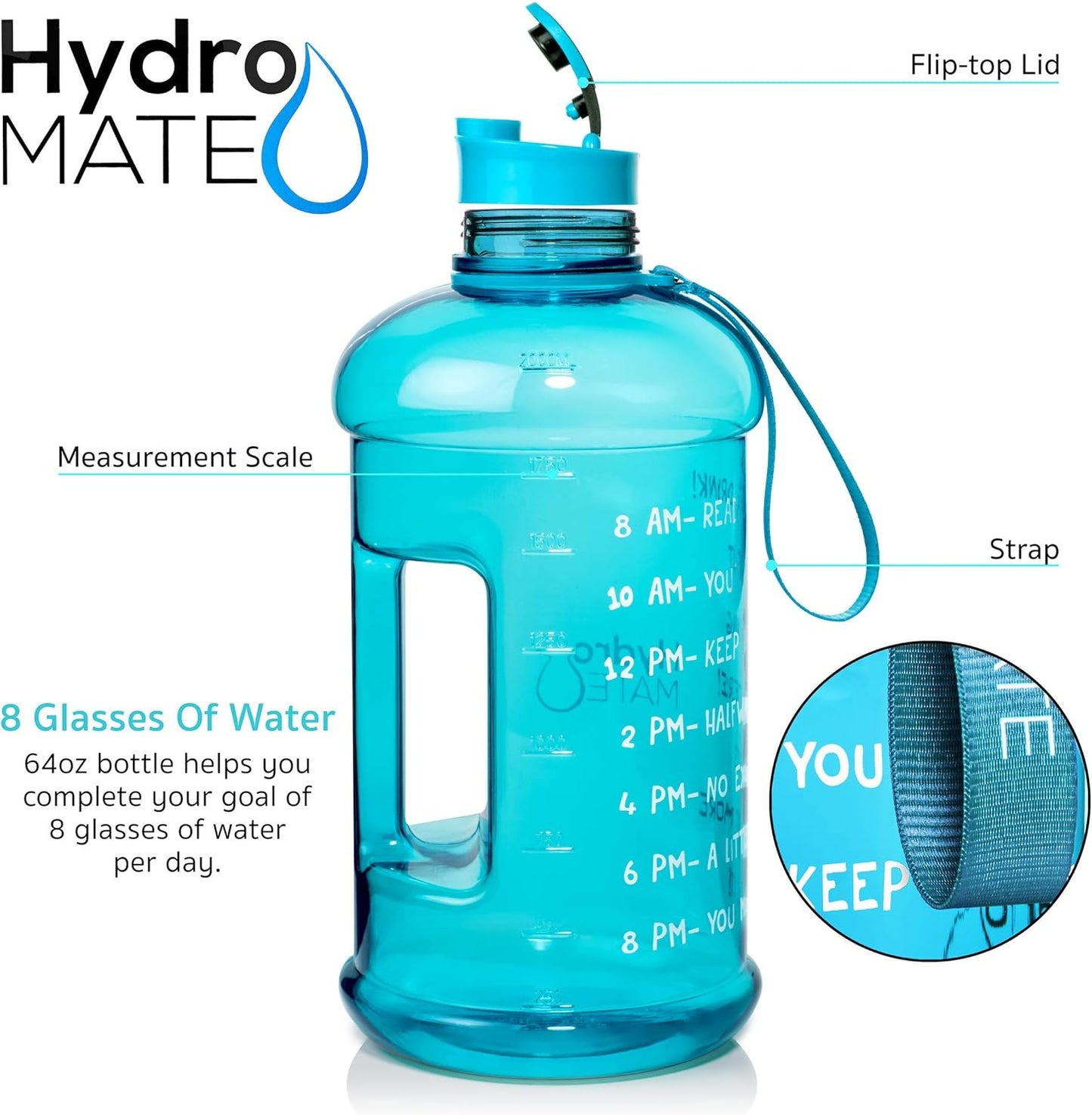 Hydromate Half Gallon Water Bottle with Times to Drink BPA Free Leak Proof Reusable Jug with Handle 64 Oz