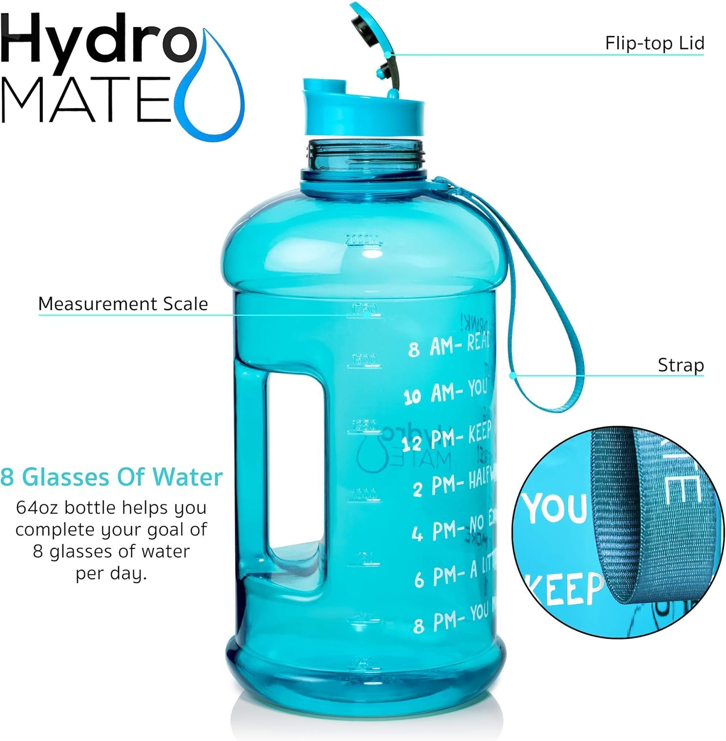 Hydromate Half Gallon Water Bottle with Times to Drink BPA Free Leak Proof Reusable Jug with Handle 64 Oz