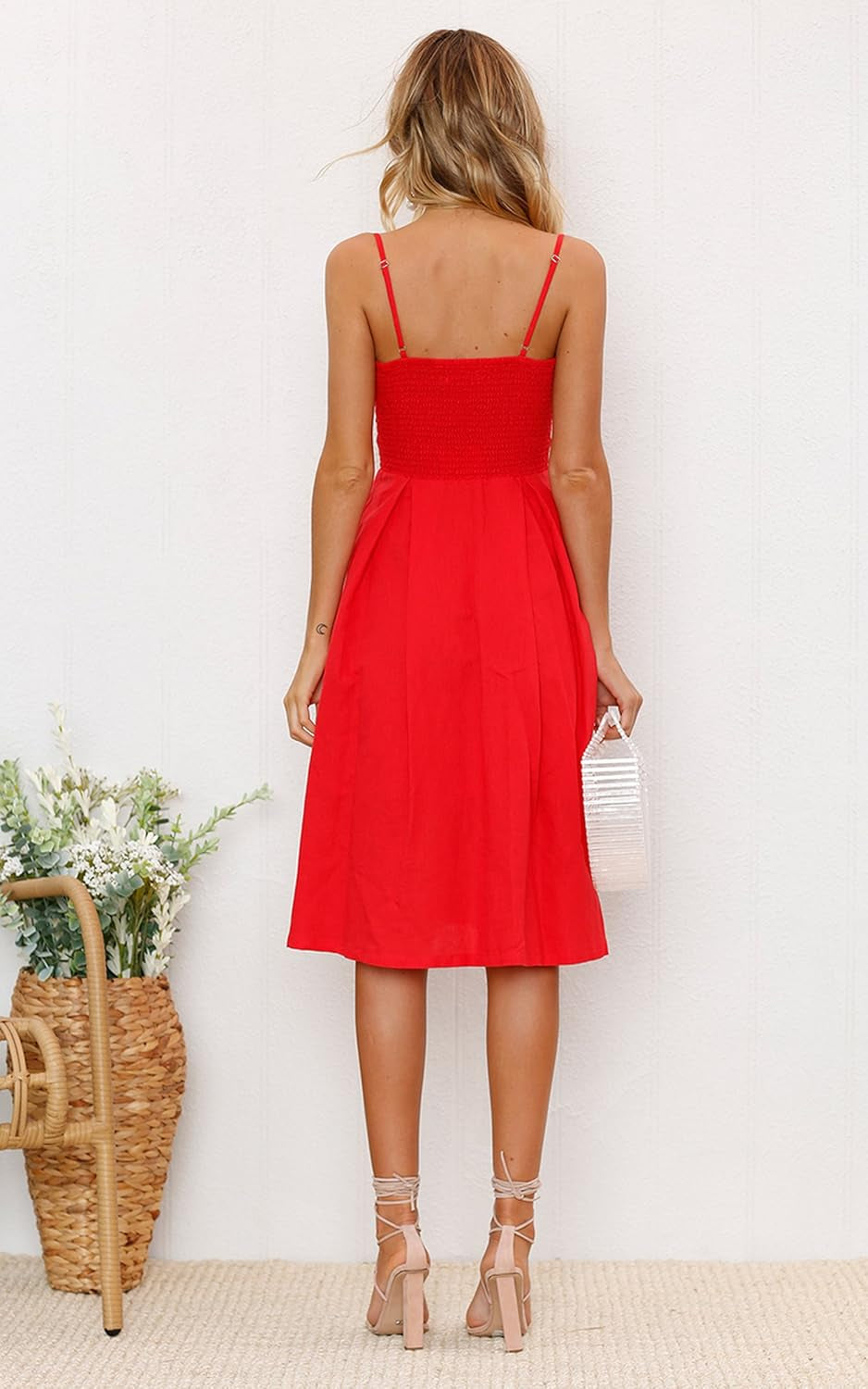 Women 2026 Summer Dresses Tie Front V-Neck Spaghetti Strap Button down A-Line Backless Swing Midi Dress