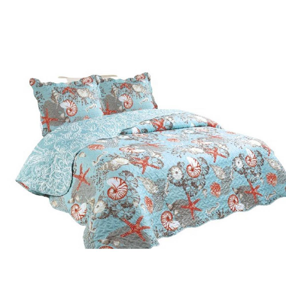 3-Piece Coastal Blue Cotton Blend Reversible King Quilt Set