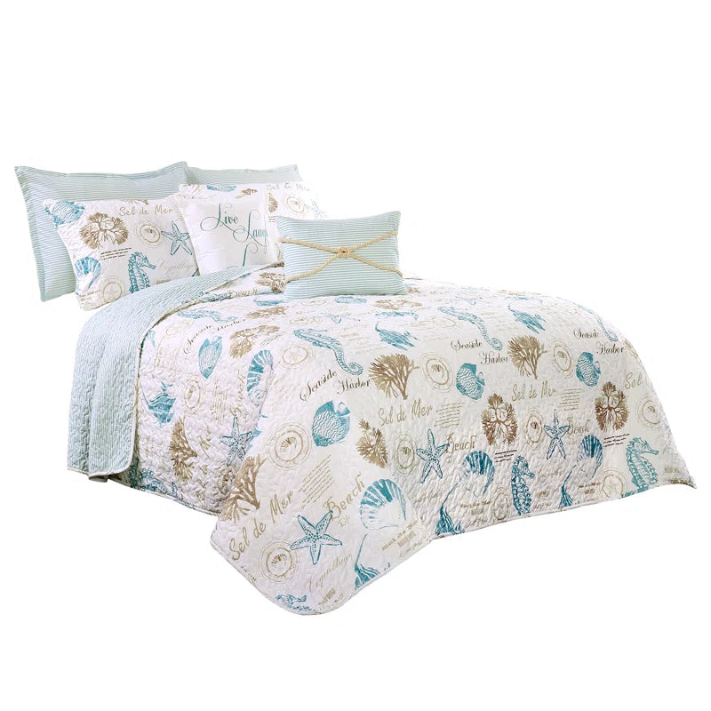 Harbor Life Blue/Taupe Microfiber Reversible Coastal 7 Piece Quilt Set