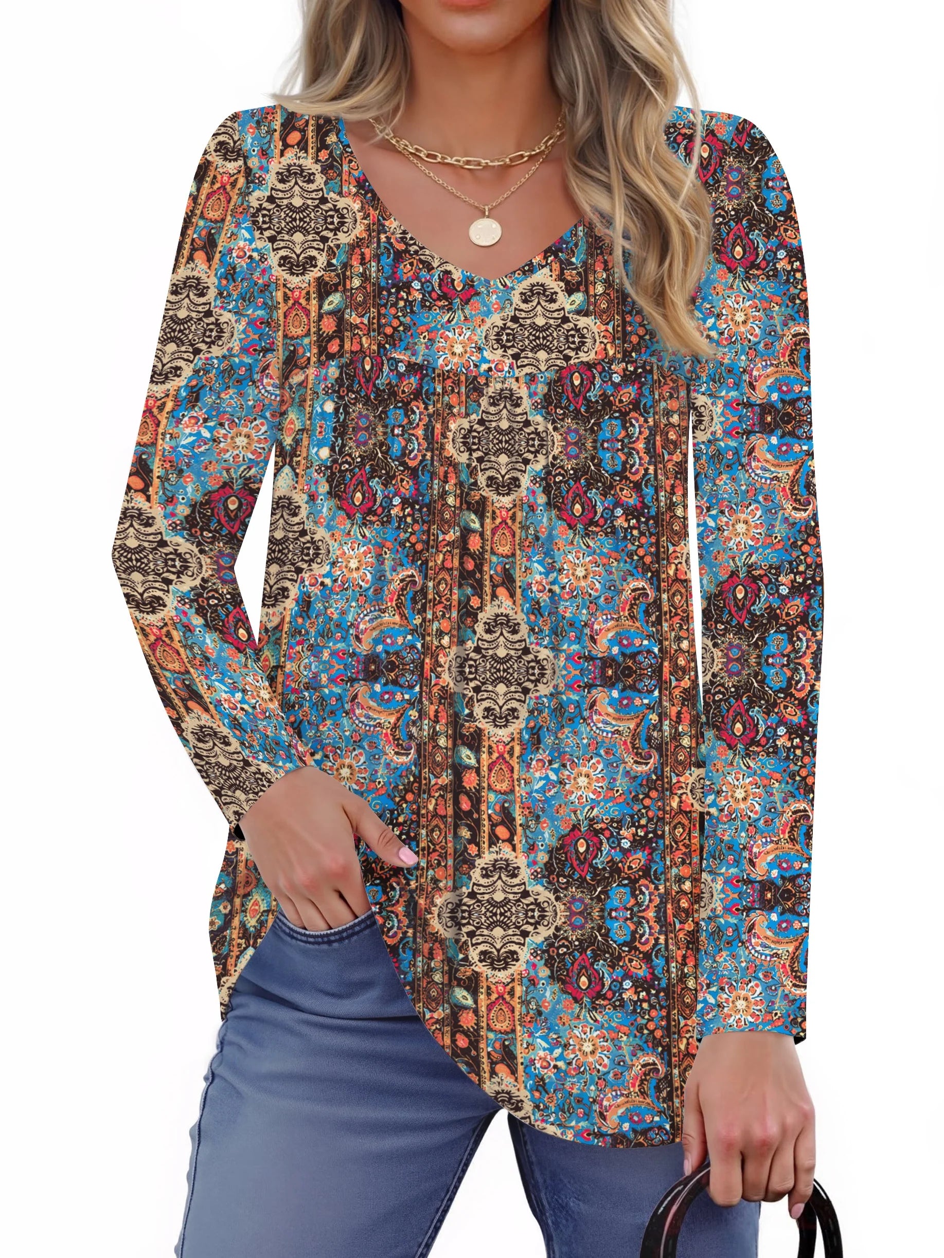 Pleated Blouses V Neck Long Sleeve Shirts Fall Tunic Tops