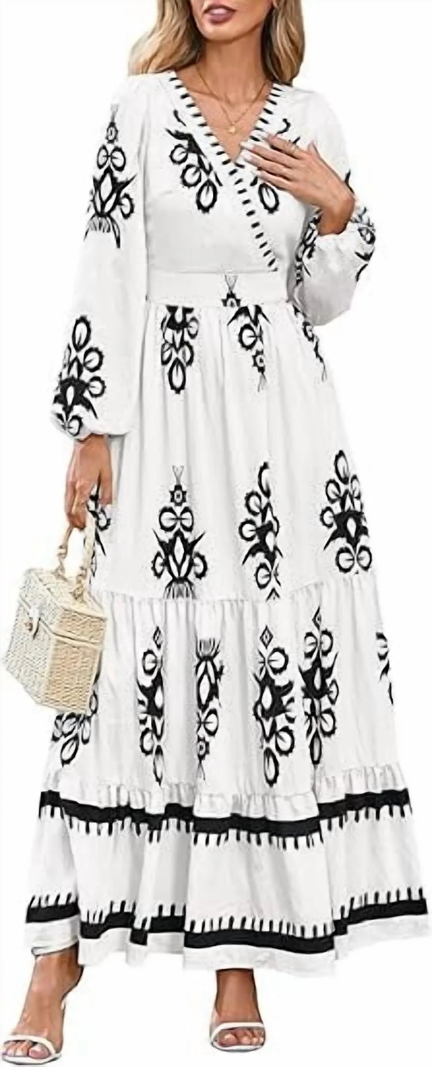 Women'S Fall Wedding Guest Dresses Boho Floral Long Sleeve V Neck Flowy Elegant Maxi Dress Beach Clothes