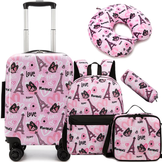 Kids Carry on Luggage Sets for Girls Suitcases with Wheels Hardshell with Travel Neck Pillow School Backpack Airline Approved 16 Inch