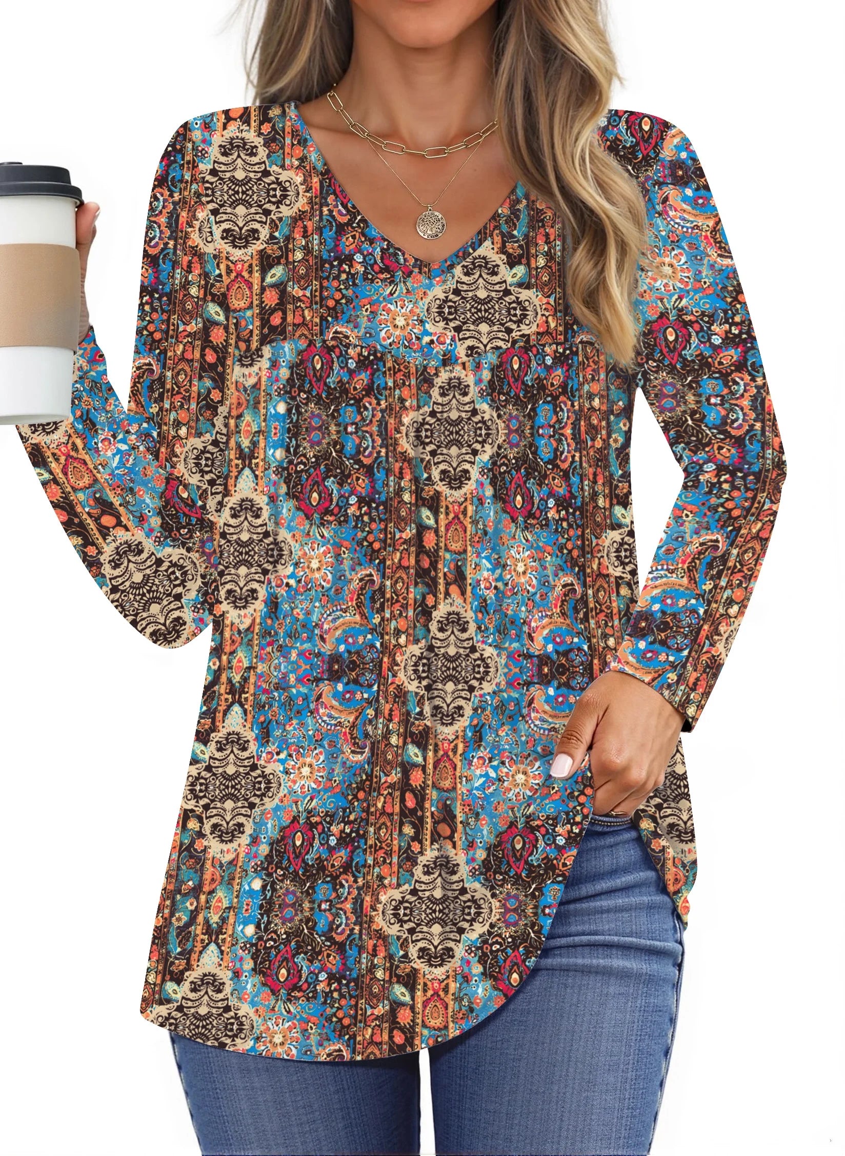 Pleated Blouses V Neck Long Sleeve Shirts Fall Tunic Tops