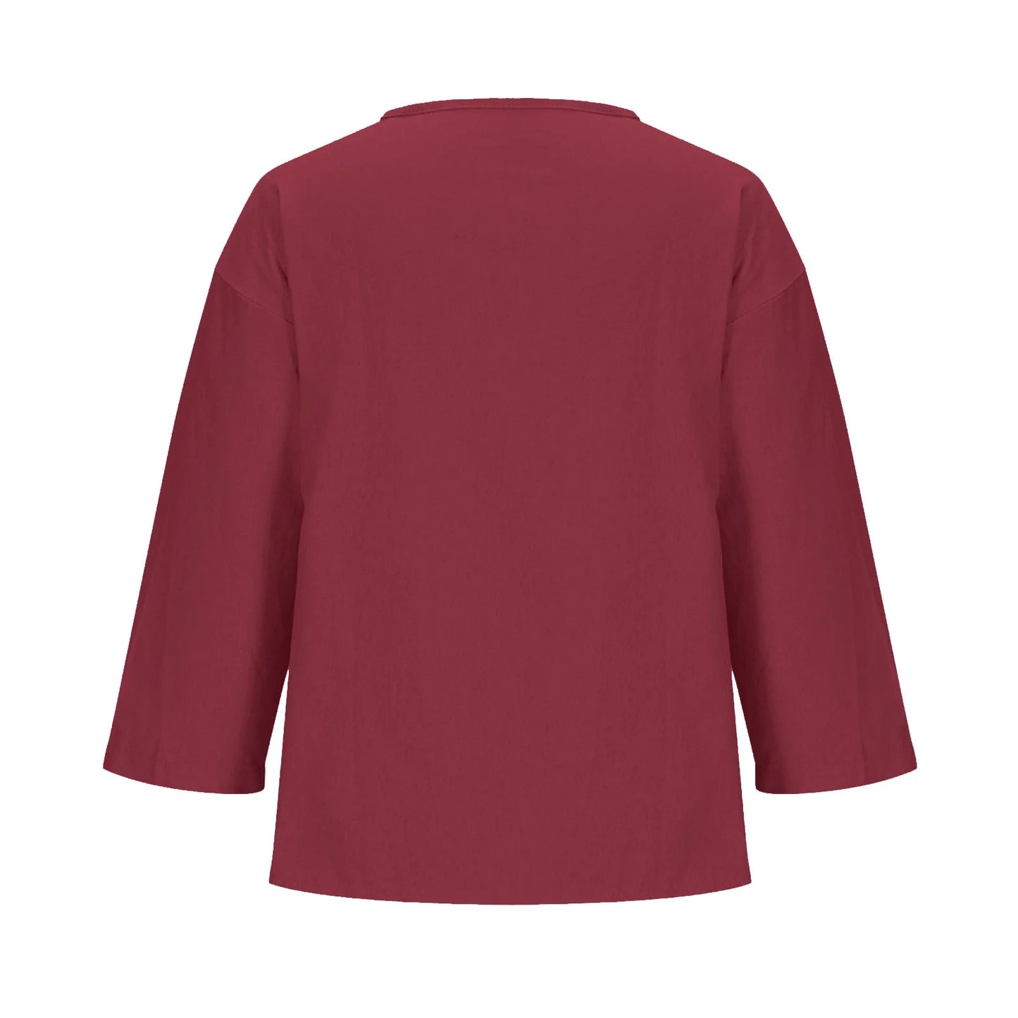 Women'S Fashion Summer V Neck Leisure Three-Quarter Sleeve Solid Summer Wine L