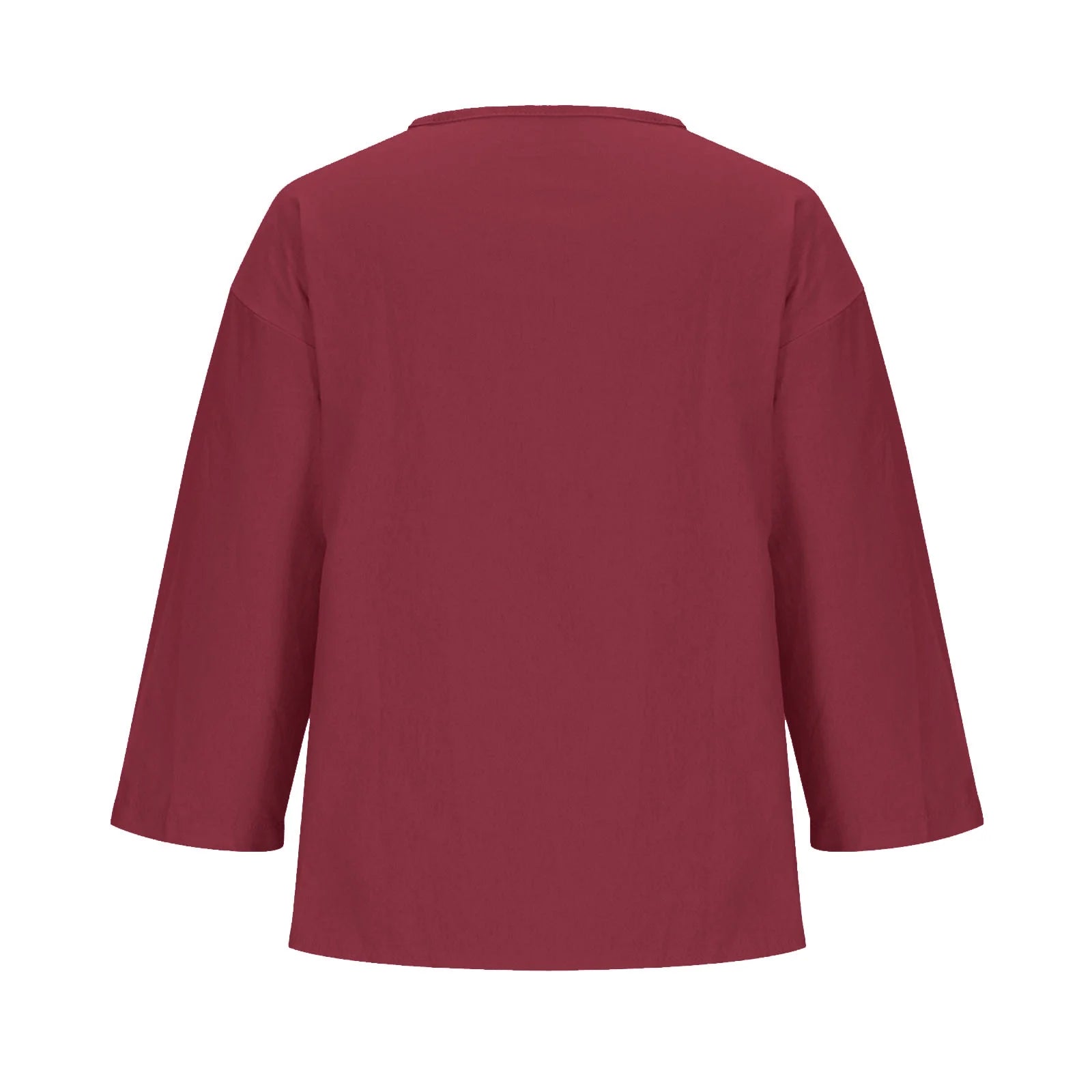 Women'S Fashion Summer V Neck Leisure Three-Quarter Sleeve Solid Summer Wine L