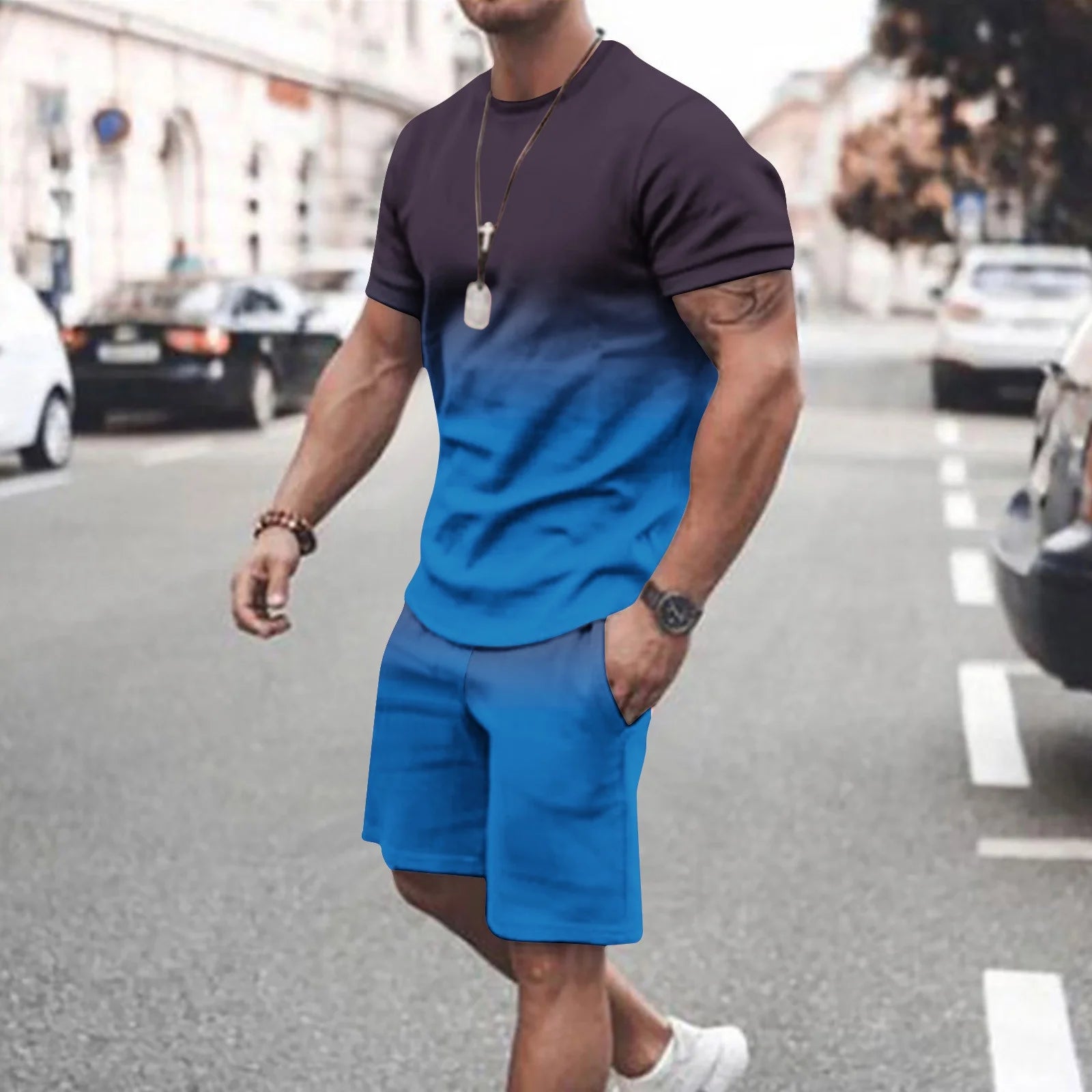 Mens Summer 2 Piece Tracksuit Gradient Color Crew Neck Pull-On Tee Tops and Double Pockets Plain Shorts Vacation Workout Shirts Sets
