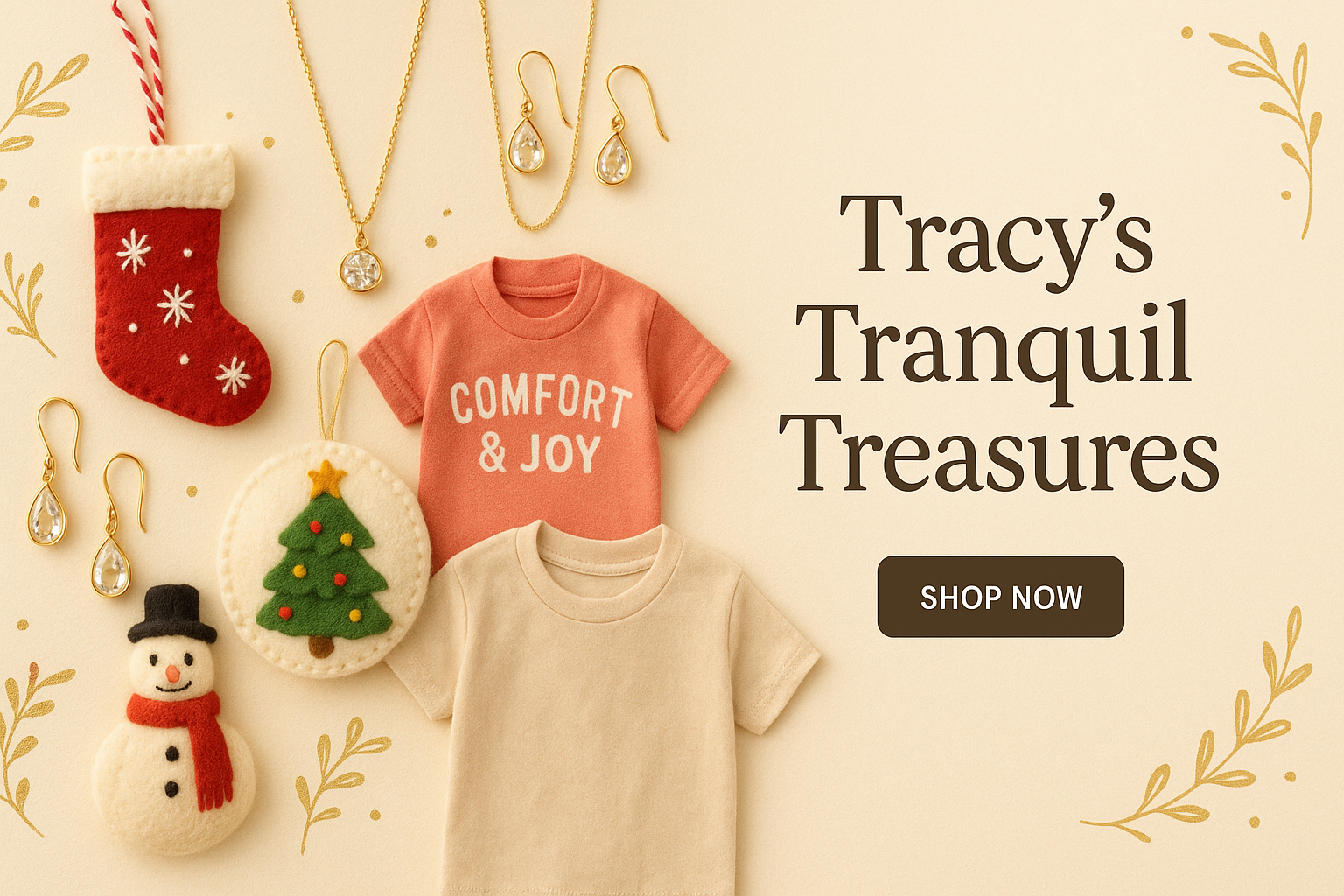 A cheerful boutique hero banner for Tracy Tranquil Treasures. Cream background with gold accents. Handcrafted holiday ornaments, jewelry, and cozy t-shirts displayed together in a playful, inviting style. Warm, handmade, boutique vibe with space on the right for text overlay and a Shop Now button."