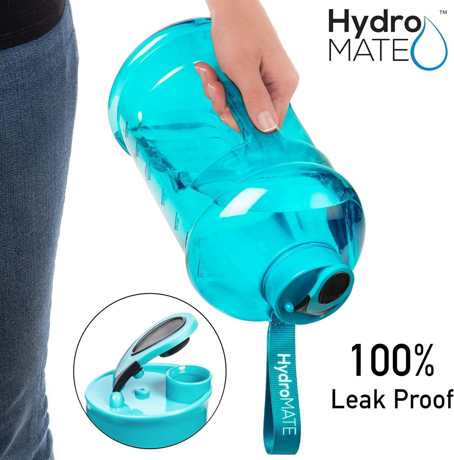 Hydromate Half Gallon Water Bottle with Times to Drink BPA Free Leak Proof Reusable Jug with Handle 64 Oz