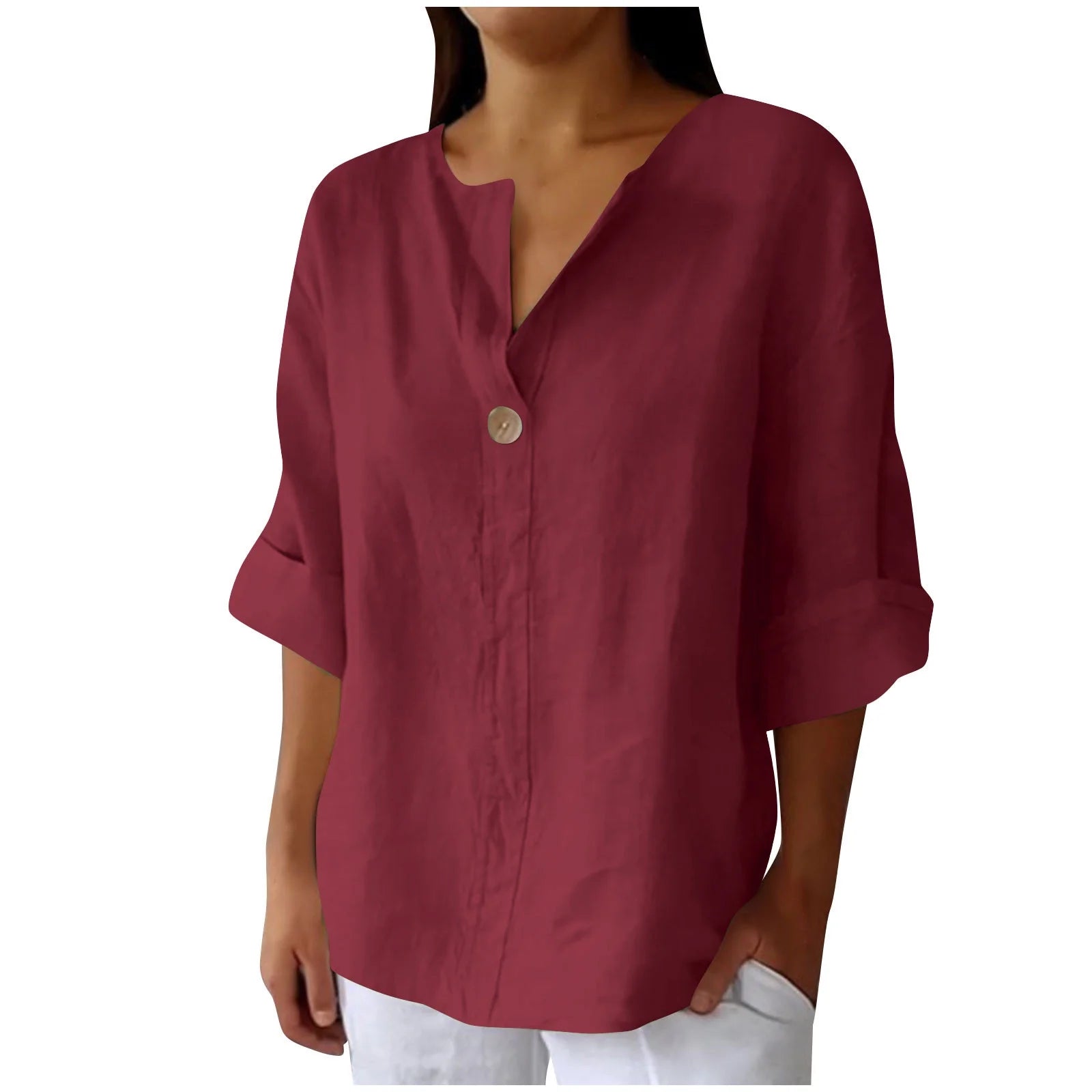 Women'S Fashion Summer V Neck Leisure Three-Quarter Sleeve Solid Summer Wine L