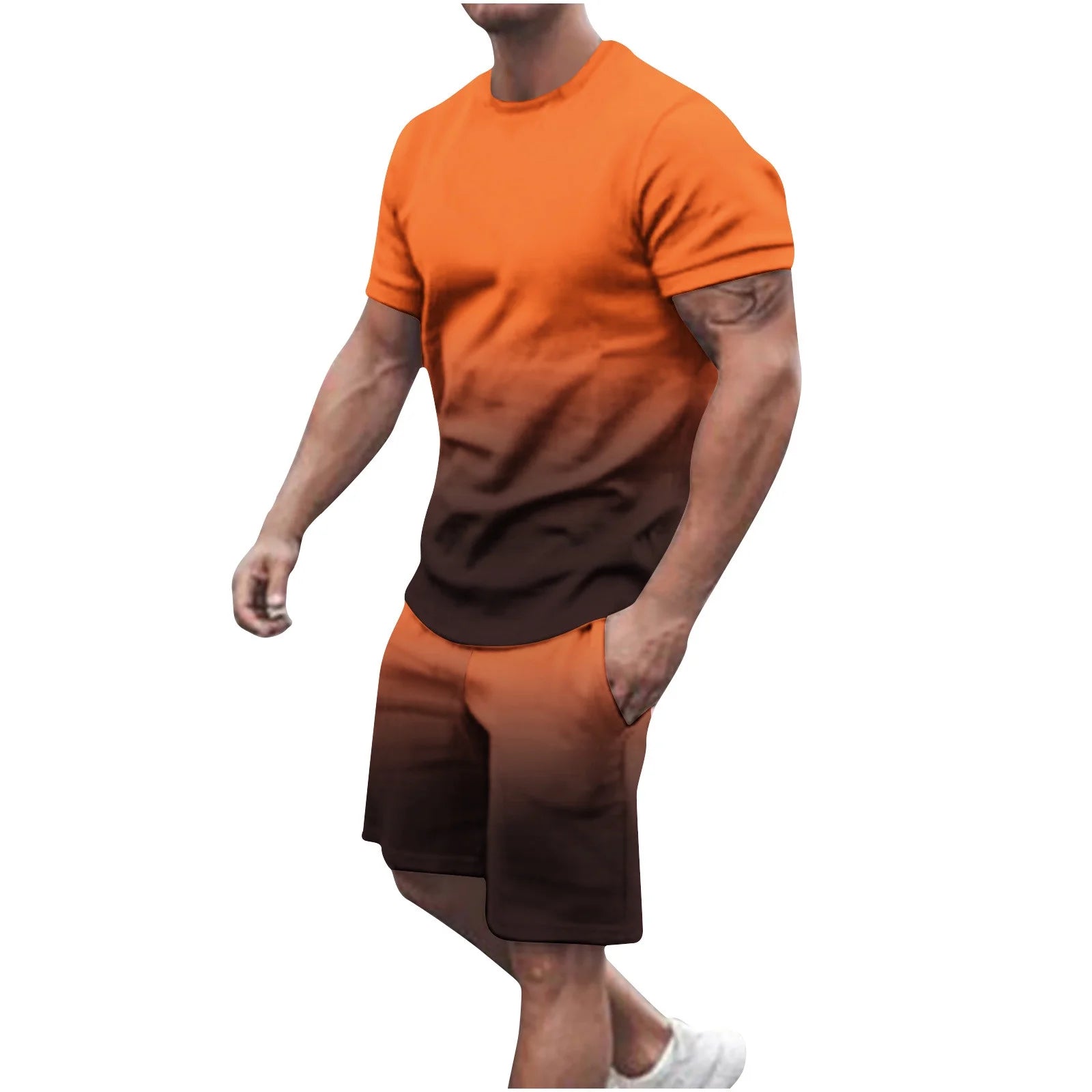 Mens Summer 2 Piece Tracksuit Gradient Color Crew Neck Pull-On Tee Tops and Double Pockets Plain Shorts Vacation Workout Shirts Sets