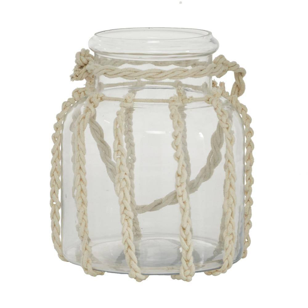 8 In. H Clear Glass Decorative Candle Lantern with Rope Handle