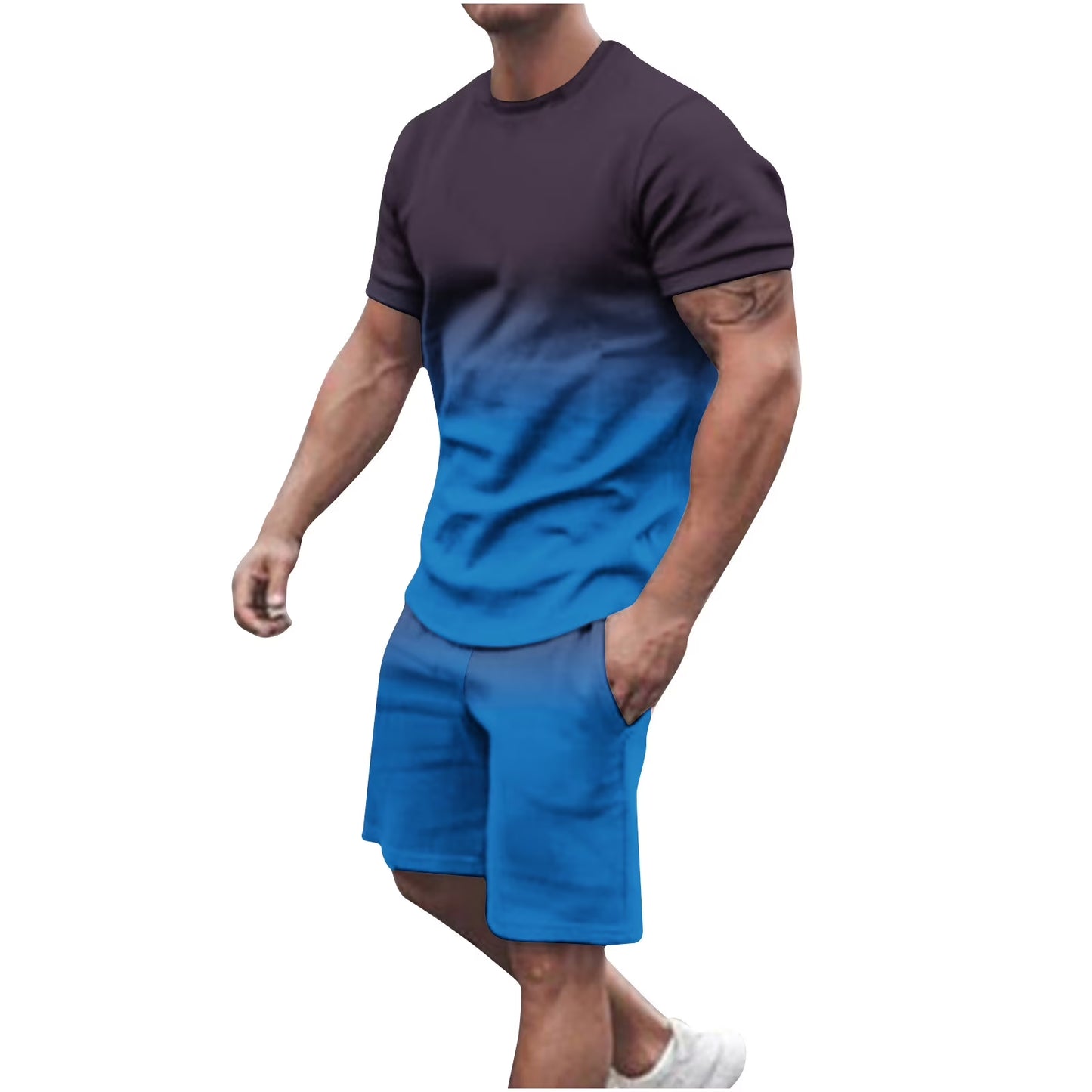 Mens Summer 2 Piece Tracksuit Gradient Color Crew Neck Pull-On Tee Tops and Double Pockets Plain Shorts Vacation Workout Shirts Sets