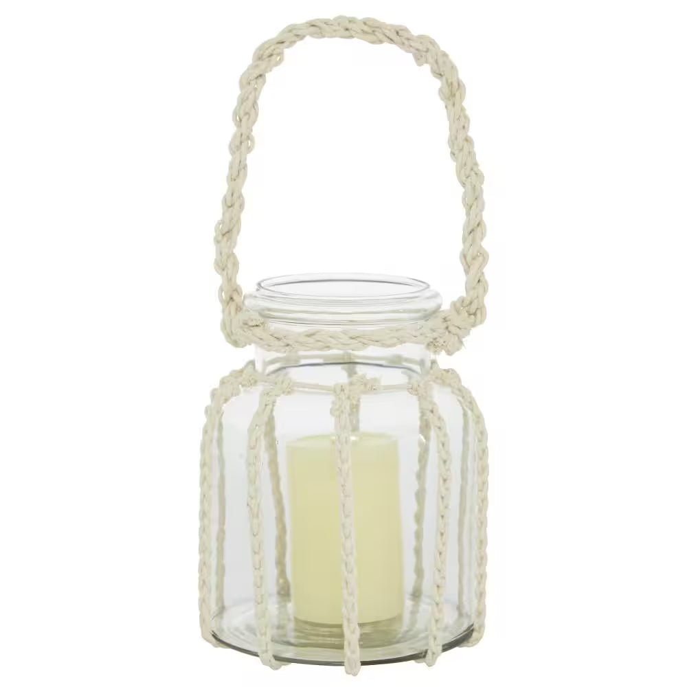 8 In. H Clear Glass Decorative Candle Lantern with Rope Handle