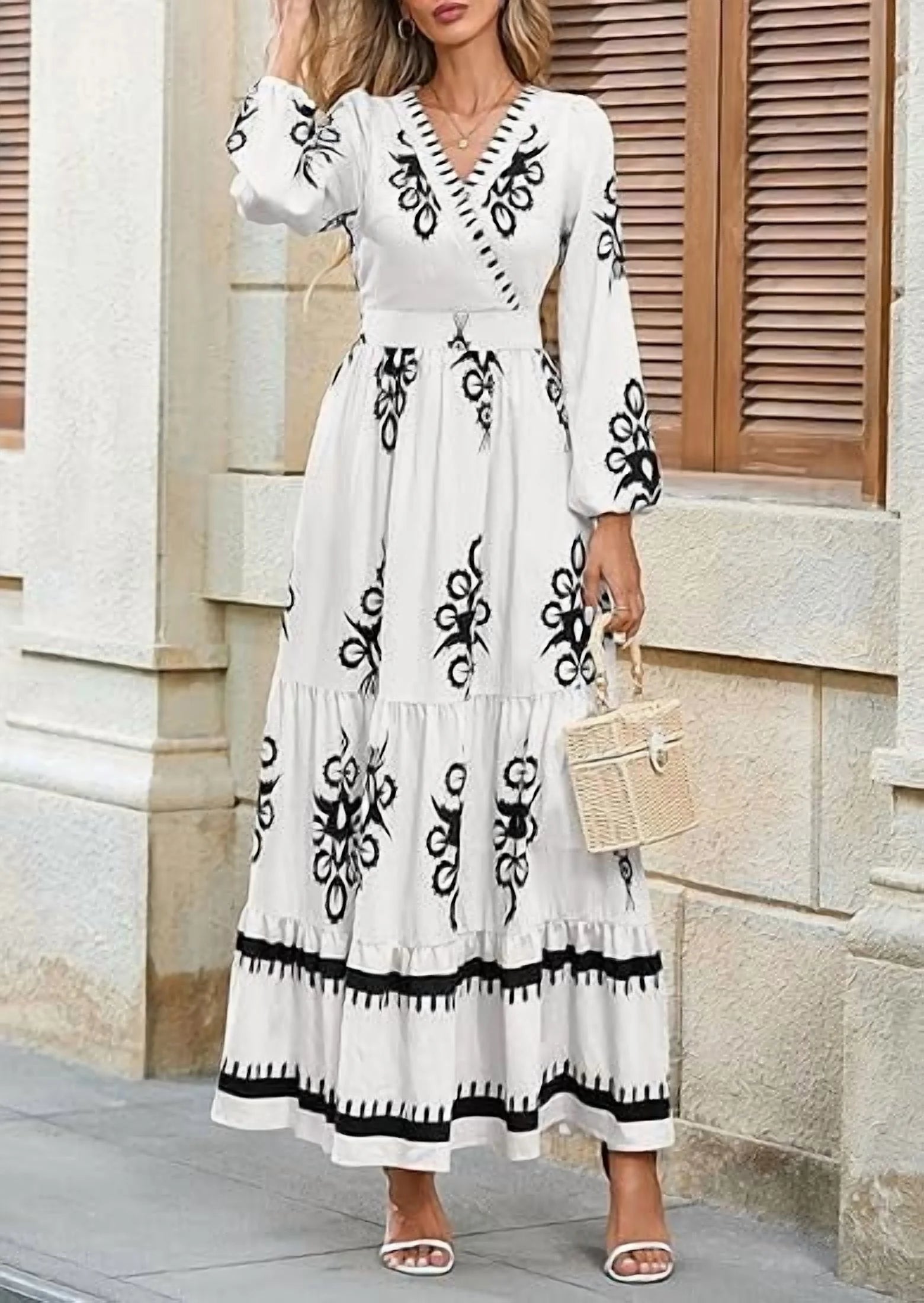 Women'S Fall Wedding Guest Dresses Boho Floral Long Sleeve V Neck Flowy Elegant Maxi Dress Beach Clothes