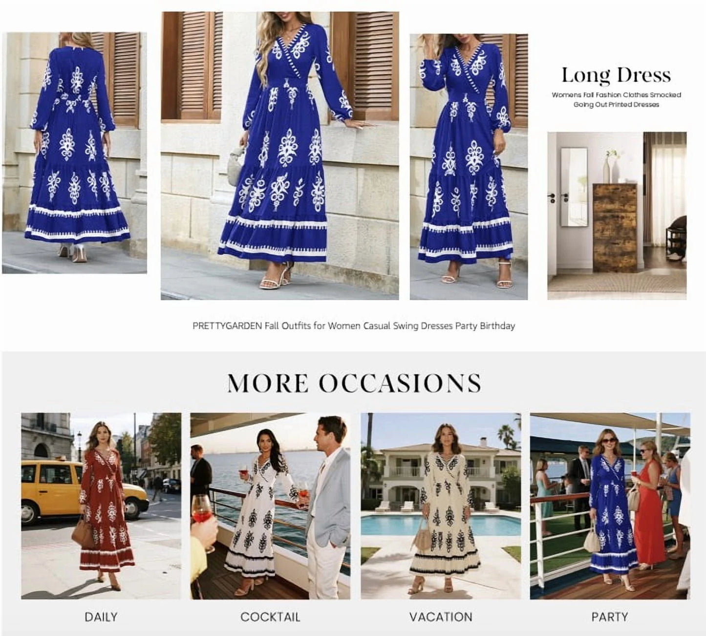 Women'S Fall Wedding Guest Dresses Boho Floral Long Sleeve V Neck Flowy Elegant Maxi Dress Beach Clothes