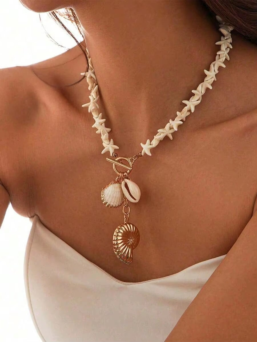Handmade Starfish Shell Necklace with Toggle Clasp, Coastal Chic Pendant Jewelry for Women