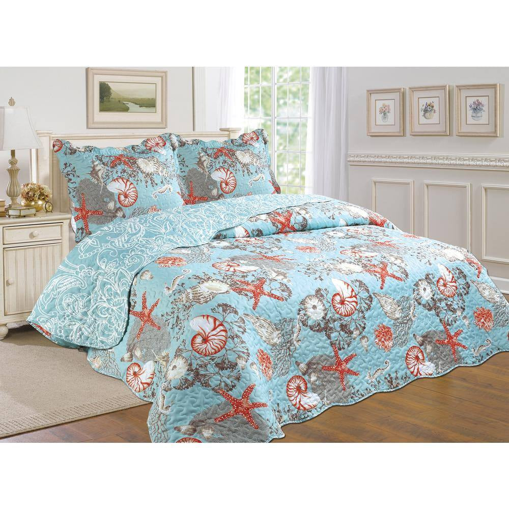 3-Piece Coastal Blue Cotton Blend Reversible King Quilt Set