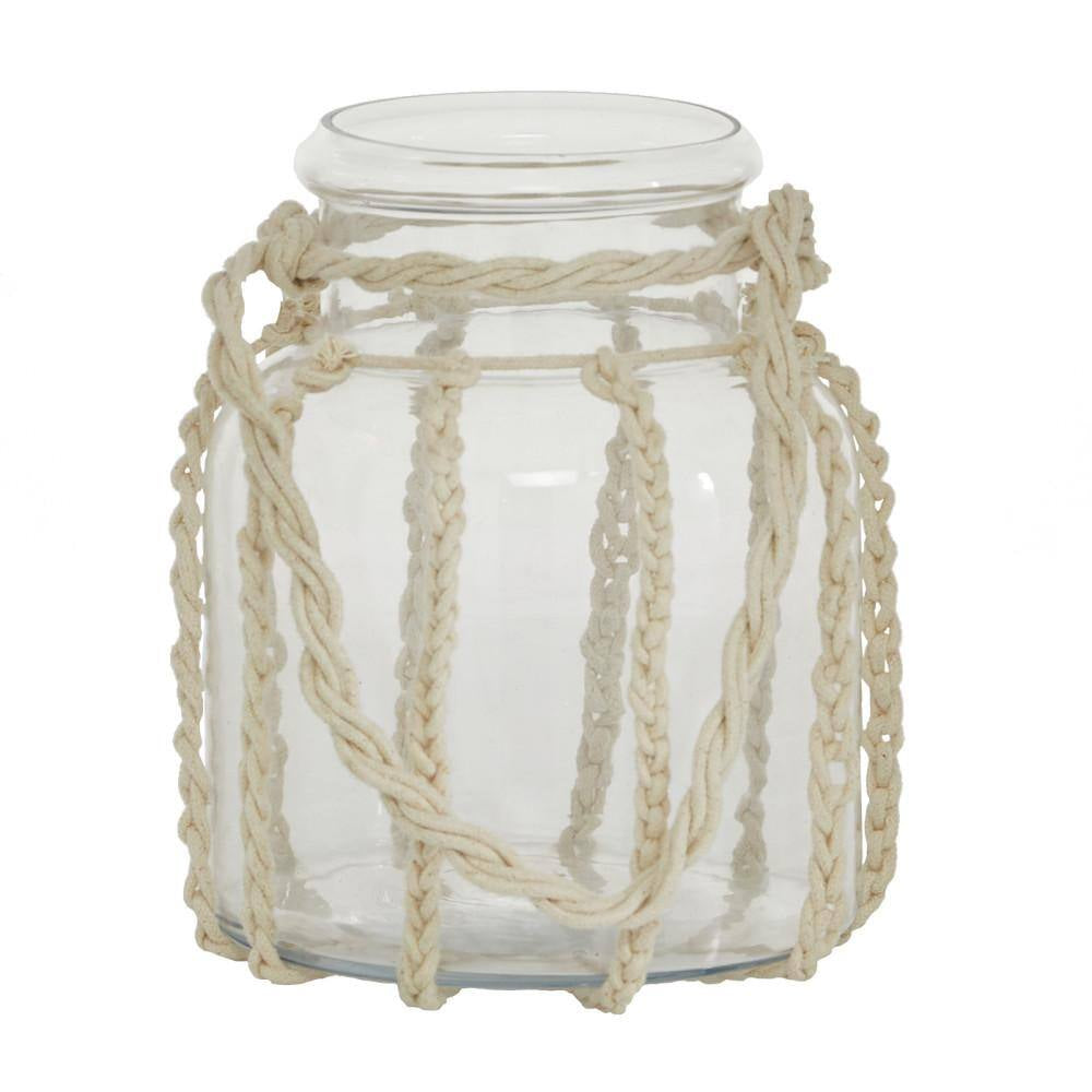 8 In. H Clear Glass Decorative Candle Lantern with Rope Handle