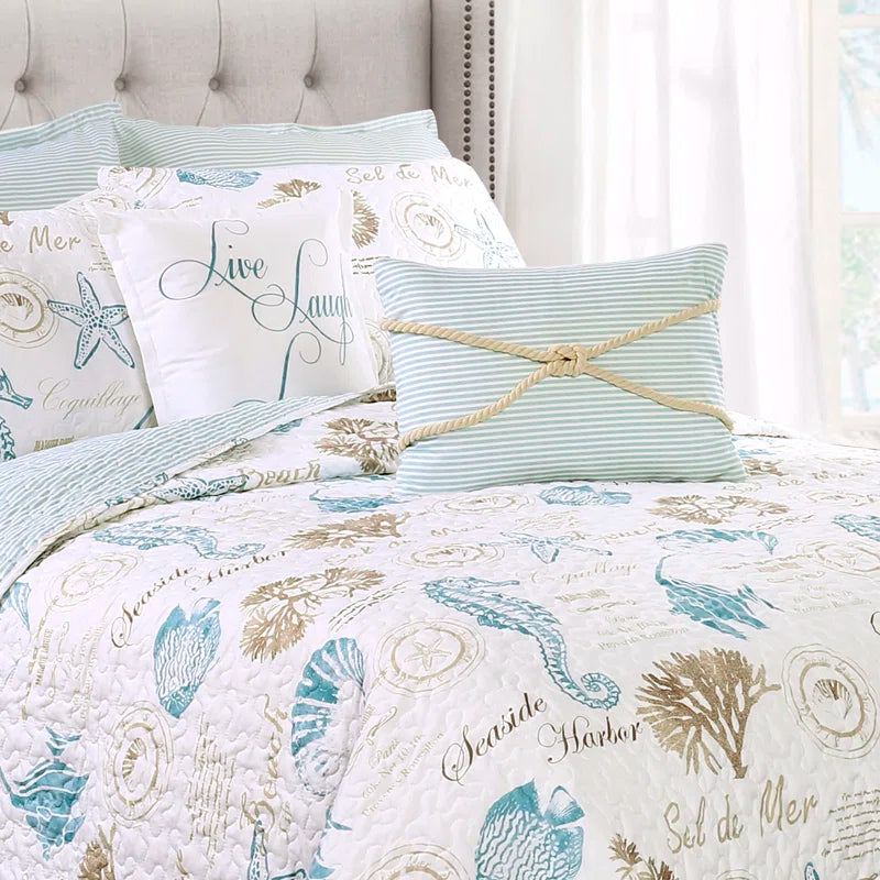 Harbor Life Blue/Taupe Microfiber Reversible Coastal 7 Piece Quilt Set